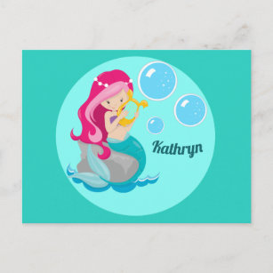 Mermaid Girl Niedlich Custom Aquamarin Monogram Ki Postkarte