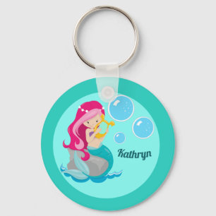 Mermaid Girl Niedlich Custom Aquamarin Monogram Ki Schlüsselanhänger