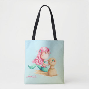 Mermaid Girl Playing mit Sand Personalisiert Tasche