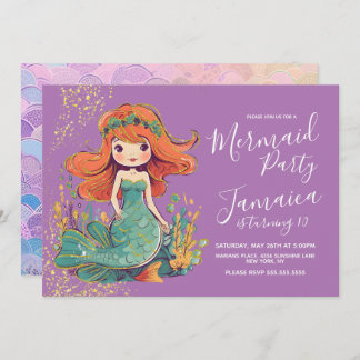 Mermaid Girls Geburtstagsparty Lila Einladung