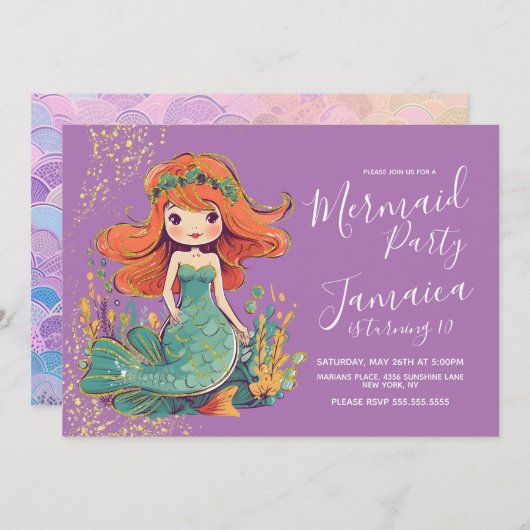 Mermaid Girls Geburtstagsparty Lila Einladung (Vorne/Hinten)
