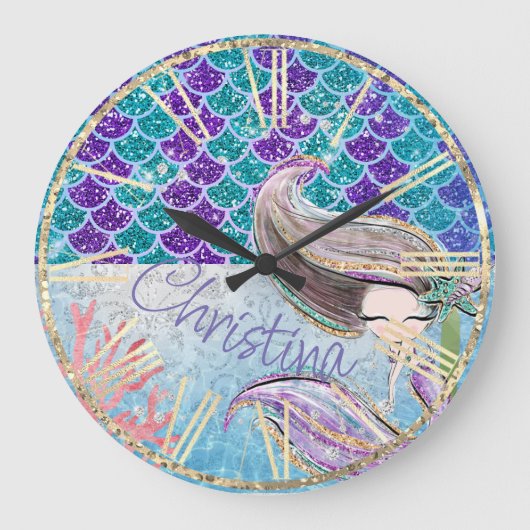 Mermaid-Glitzer-Illustration mit Schwanz-Skala Große Wanduhr (Vorderseite)