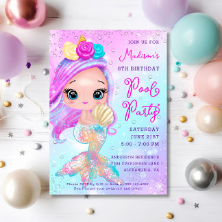 Mermaid Glitzer Pool Party Geburtstag Einladung