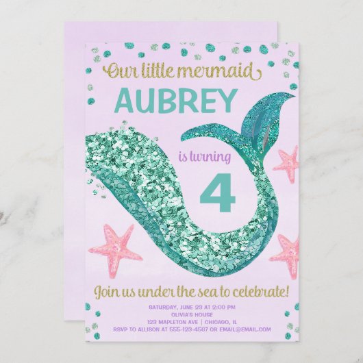 Mermaid Glitzer Schwanz rosa lila aquamariner Gebu Einladung (Vorne/Hinten)