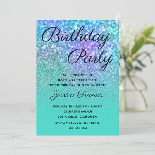 Mermaid Glitzer Turquoise Blue Ombre Birthday Einladung (Stehend Vorderseite)
