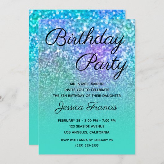 Mermaid Glitzer Turquoise Blue Ombre Birthday Einladung (Vorne/Hinten)