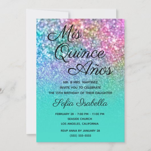 Mermaid Glitzer Turquoise Ombre Mis Quince Años Einladung (Vorderseite)