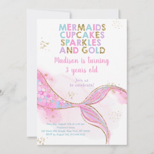 Mermaid Glitzern Gold Geburtstag Einladung (Vorderseite)