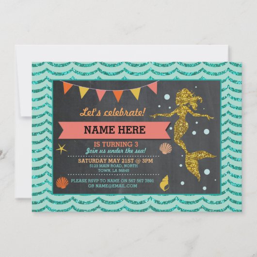 Mermaid Gold Coral Glitzer Einladung (Vorderseite)