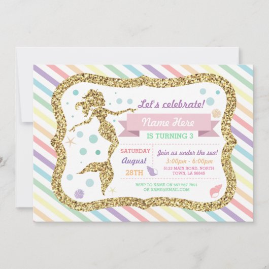 Mermaid Gold Glitzer Regenbogen Streifen Einladung (Vorderseite)