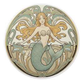 Mermaid Green Cream & Gold Art Nouveau Ocean Sea Keramikknauf
