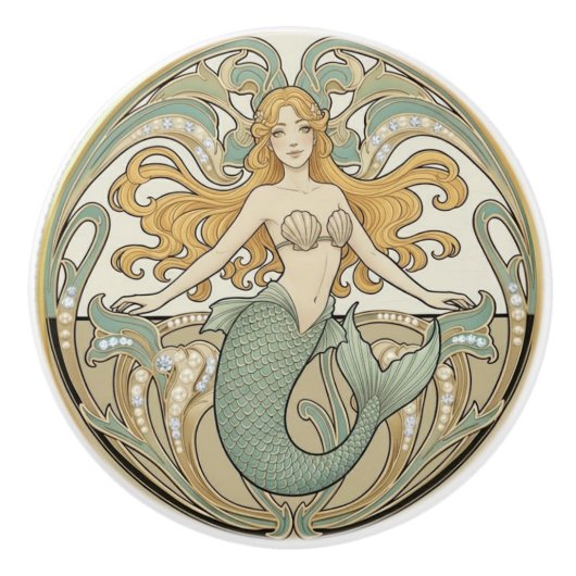 Mermaid Green Cream & Gold Art Nouveau Ocean Sea Keramikknauf (Vorderseite)