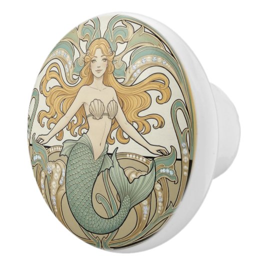 Mermaid Green Cream & Gold Art Nouveau Ocean Sea Keramikknauf (Rechts)