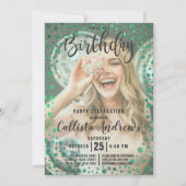 Mermaid Green Glitzer Confetti Foto Geburtstag Einladung (Vorderseite)