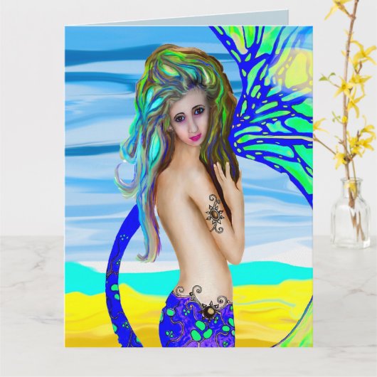MERMAID HAPPY BIRTHDAY SCHÖNE MERMAID BIG CARD KARTE (Gelbe Blume)