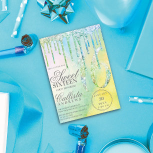 Mermaid Holographic Glitter Drips Sweet 16 Einladung