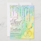 Mermaid Holographic Glitter Drips Sweet 16 Einladung (Vorderseite)