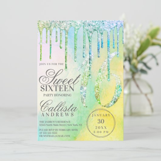 Mermaid Holographic Glitter Drips Sweet 16 Einladung (Stehend Vorderseite)