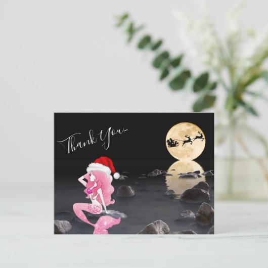 Mermaid in Pink und Weihnachtsmannmütze Vollmond V Postkarte (Stehend Vorderseite)