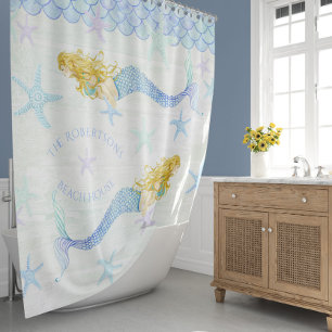 Mermaid in Starfish Family Name Beach House Dekora Duschvorhang