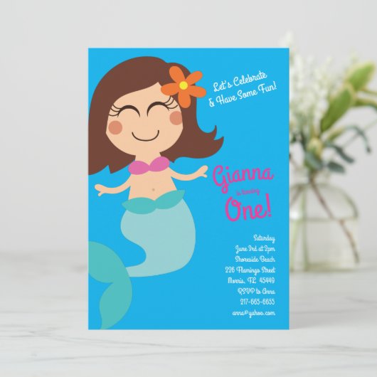 Mermaid Kindergeburtstag Brown Hair Einladung (Stehend Vorderseite)