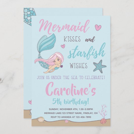 Mermaid Kisses Starfish wünscht jedes Alter zum Ge Einladung (Vorne/Hinten)