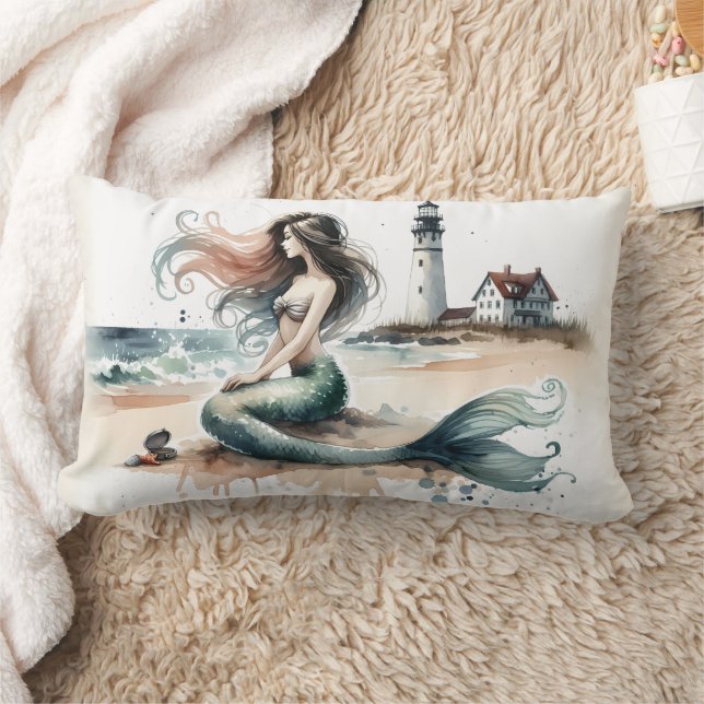 Mermaid Lighthouse Coastal Watercolor Scene Lendenkissen (Decke)