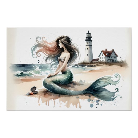 Mermaid Lighthouse Coastal Watercolor Scene Poster (Vorderseite)
