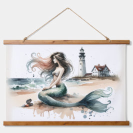 Mermaid Lighthouse Coastal Watercolor Scene Wandteppich Mit Holzrahmen