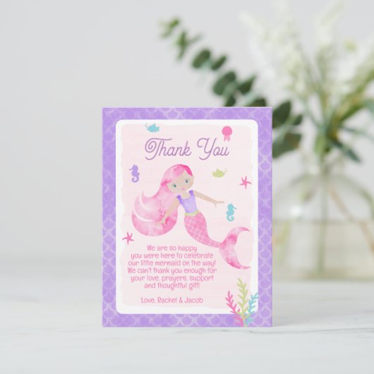 Mermaid Lila Pink Watercolor Babydusche Dankeskarte (Stehend Vorderseite)