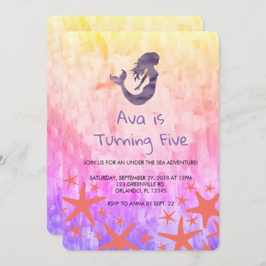 Mermaid Lila Starfish zum Geburtstag Einladung (Vorne/Hinten)