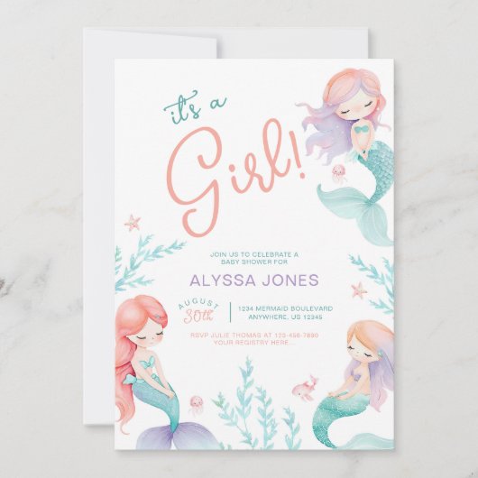 Mermaid Lila und Aquamarine Babydusche Einladung (Vorderseite)