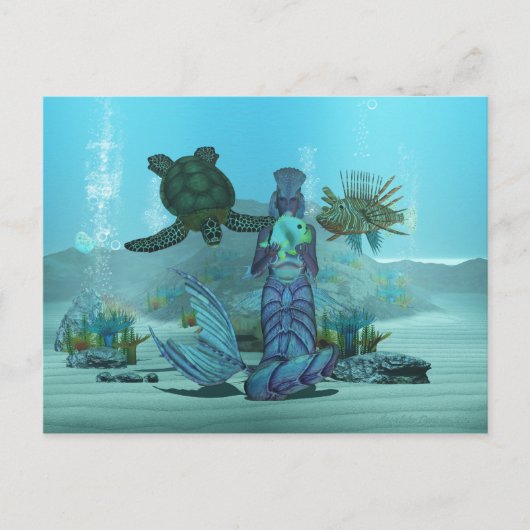 Mermaid Lionfish Turtle Underwater Post Card Postkarte (Vorderseite)