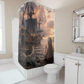 Mermaid Looking At A Sailing Ship Duschvorhang (Beispiel)