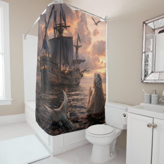 Mermaid Looking At A Sailing Ship Duschvorhang (Beispiel)
