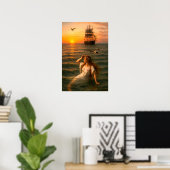 Mermaid Looking At Sailing Ship At Sunset Poster (Heimbüro)