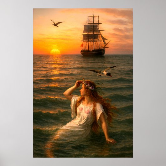 Mermaid Looking At Sailing Ship At Sunset Poster (Vorne)