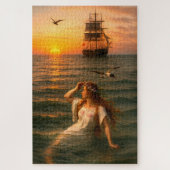 Mermaid Looking At Sailing Ship At Sunset Puzzle (Vertikal)