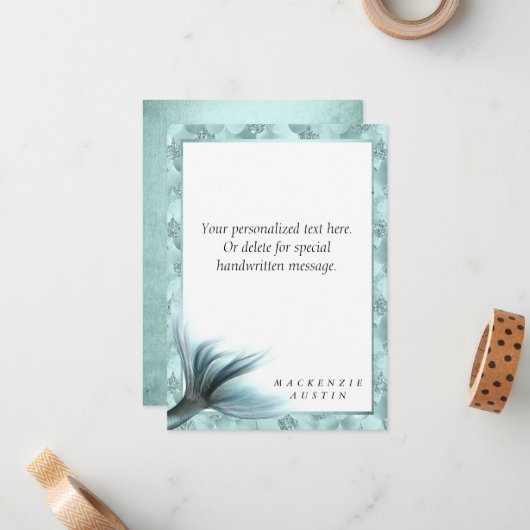 Mermaid Luxe Schwanz | Meeresfrüchte Grünes Aqua C Mitteilungskarte (Vorderseite/Rückseite Beispiel)
