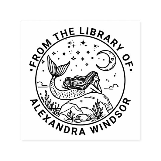 Mermaid Lying on Rocks, Moon Library Book Name Permastempel (Design)