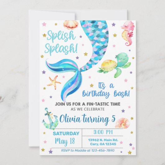 Mermaid Mädchen Geburtstagseinladung. Einladung (Vorderseite)