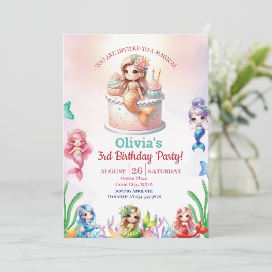 Mermaid Magical 3. Geburtstag Party Girl Einladung (Stehend Vorderseite)