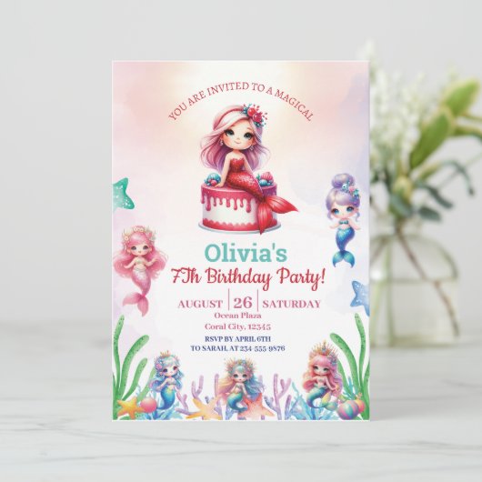 Mermaid Magical 7th Birthday Party Girl Einladung (Stehend Vorderseite)