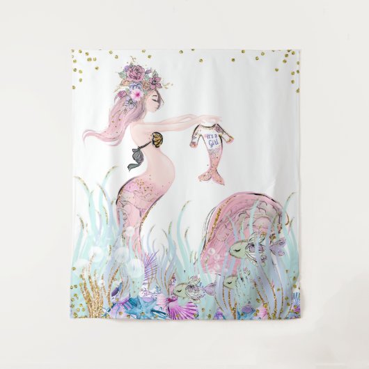 Mermaid Mama Baby Showknopf Hintergrundbanner Wandteppich (Vorderseite)