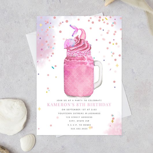 Mermaid Mason Jar Pink Milkshake Girls Birthday Einladung