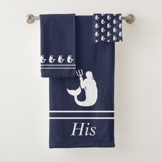 Mermaid Merman Navy Blau und Weiß Seine Badhandtuch Set (Insitu)
