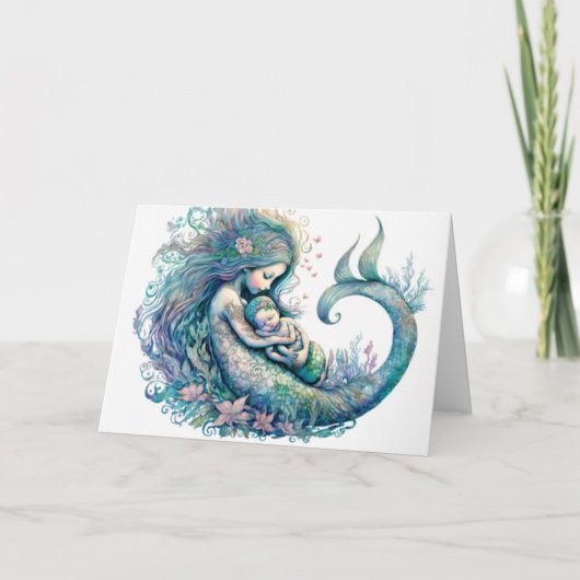 Mermaid mit Baby Watercolor Neuer Säugling Dusche Karte (Vorderseite)