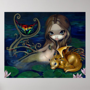Mermaid mit Golden Dragon Art Print Fantasy Fee Poster