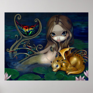 Mermaid mit Golden Dragon Art Print Fantasy Fee Poster