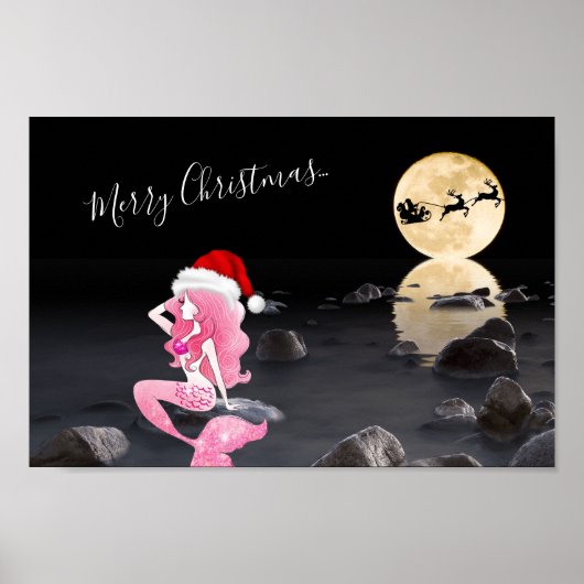 Mermaid mit Santa und Sleigh Frohe Weihnachten Poster (Vorne)